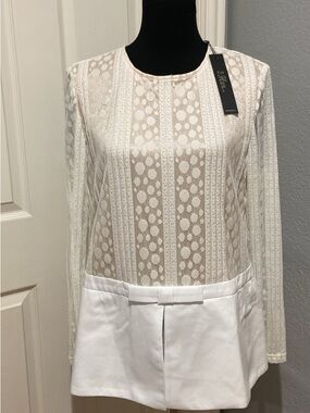 Lace Panel White Long-Sleeve Blouse by